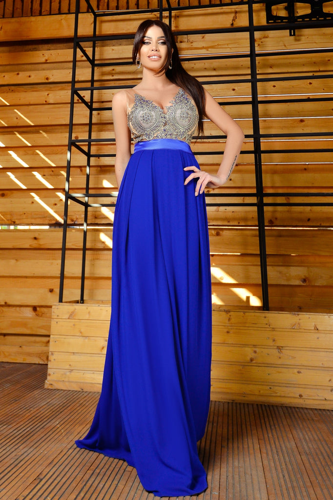LONG BLUE DRESS WITH EMBROIDERY AT BUST RN 2344