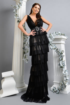 LONG BLACK SILK TULLE DRESS RN 1767N